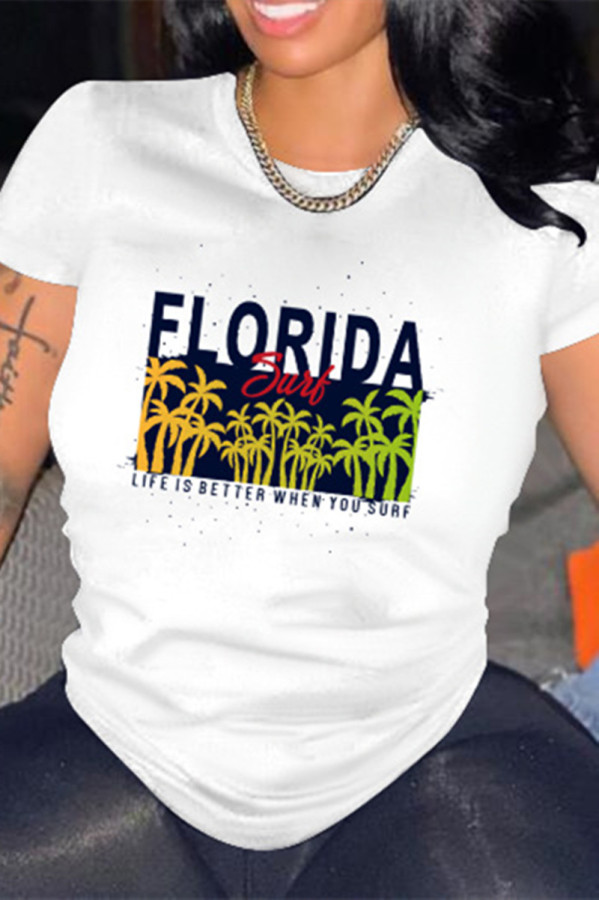 White Fashion Casual Print Basic O Neck T-Shirts