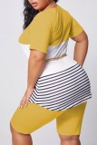 Yellow Fashion Casual adult Ma'am O Neck Striped Patchwork Two Piece Suits Stitching Plus Size