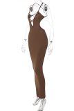 Coffee Sexy Solid Backless Spaghetti Strap Pencil Skirt Dresses