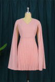 Pink Fashion Casual Solid Patchwork V Neck Pleated Dresses