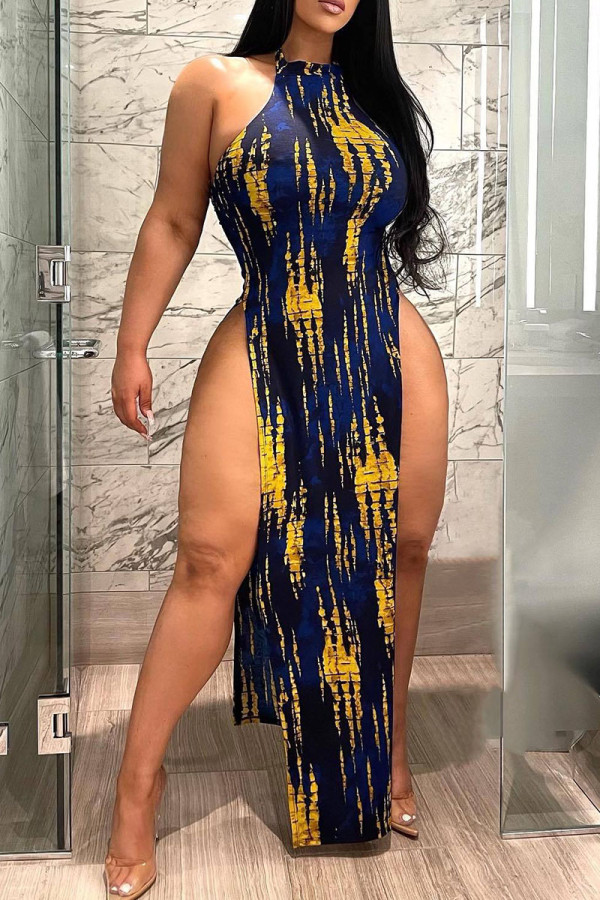 Deep Blue Sexy Print Patchwork Slit O Neck Straight Dresses