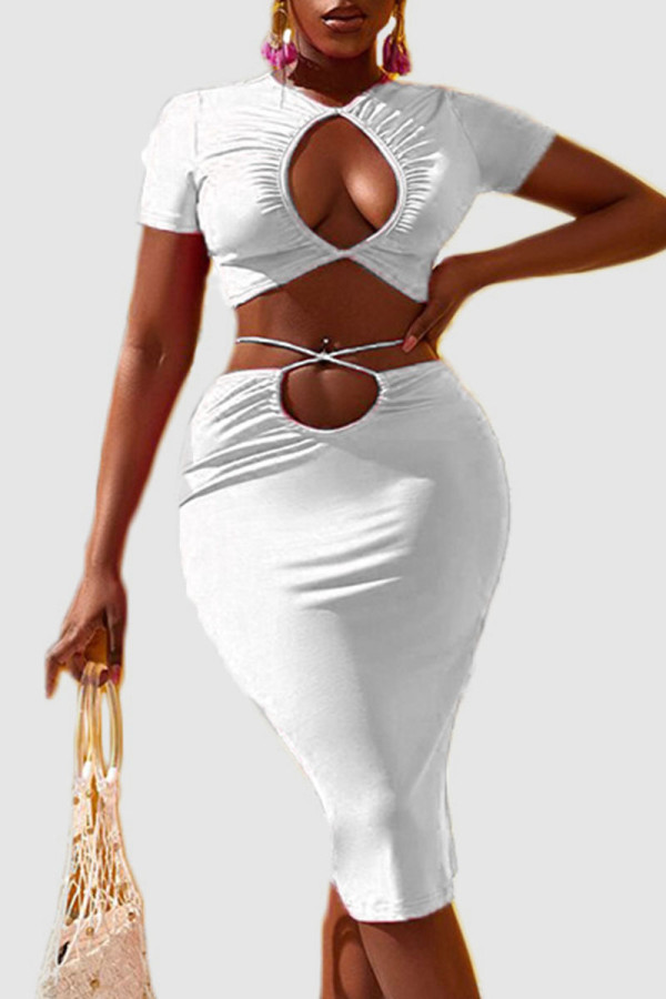 White Sexy Print Bandage Hollowed Out Patchwork O Neck Short Sleeve Two Pieces