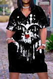 Apricot Fashion Casual Print Patchwork V Neck Short Sleeve Dress