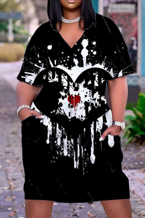 Black Fashion Casual Print Patchwork V Neck Short Sleeve Dress