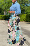 Blue Fashion Casual Print Basic Regular High Waist Conventional Full Print Bottoms