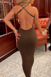 Coffee Sexy Solid Backless Spaghetti Strap Pencil Skirt Dresses