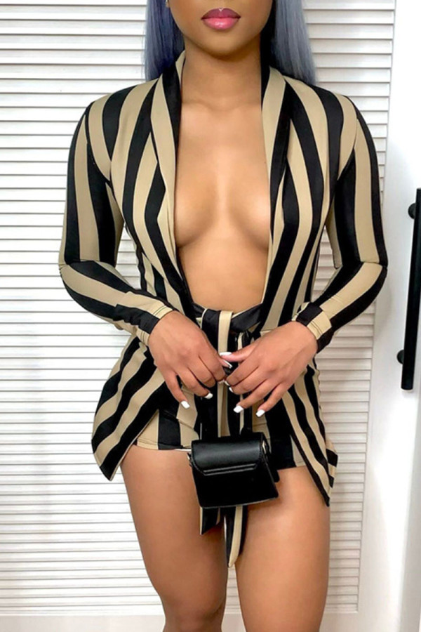 Khaki Sexy Striped Print Hollowed Out Patchwork Regular Rompers