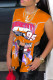 Tangerine Red Street Print Patchwork Slit Asymmetrical O Neck T-Shirts