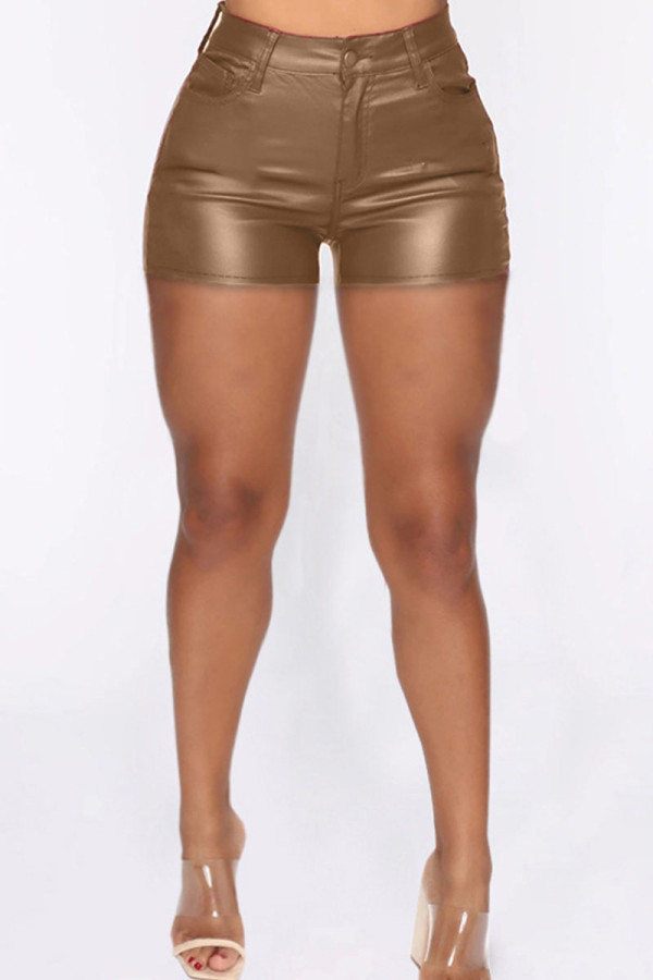 Brown Fashion Casual Solid Patchwork Skinny High Waist Shorts
