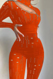 Orange Sexy Solid Hollowed Out Patchwork Zipper Skinny Jumpsuits