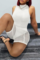 White Fashion Casual Solid Split Joint See-through Turtleneck Skinny Romper