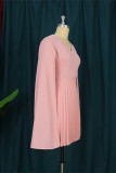 Pink Fashion Casual Solid Patchwork V Neck Pleated Dresses