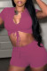 Rose Red Fashion Casual Solid Draw String Frenulum V Neck Short Sleeve Two Pieces