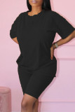 Black Fashion Casual Solid Basic O Neck Short Sleeve Two Pieces