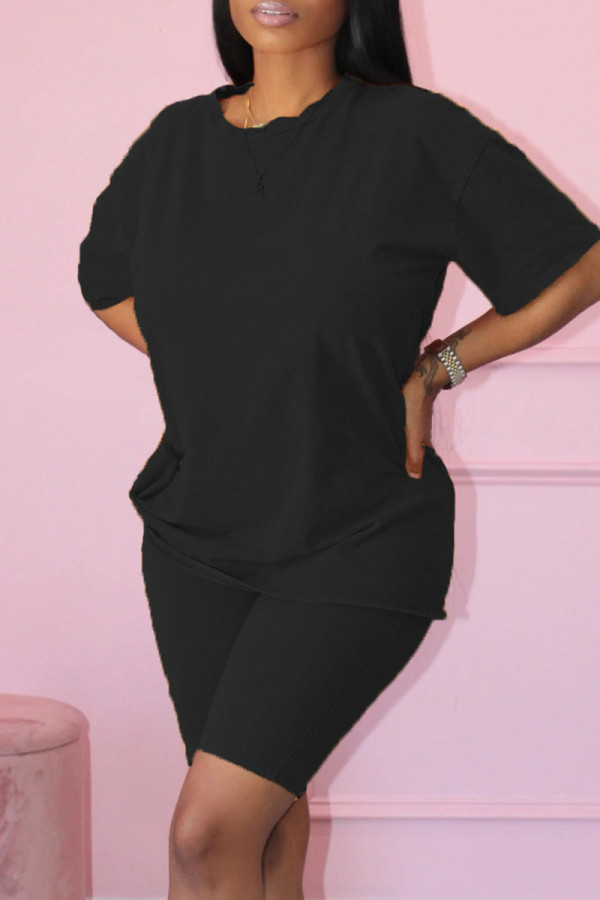 Black Fashion Casual Solid Basic O Neck Short Sleeve Two Pieces