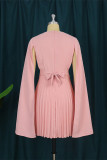 Pink Fashion Casual Solid Patchwork V Neck Pleated Dresses