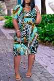 Yellow Fashion Casual Print Patchwork V Neck Short Sleeve Dress