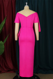 Rose Red Fashion Sexy Patchwork Solid Slit With Bow V Neck Evening Dress