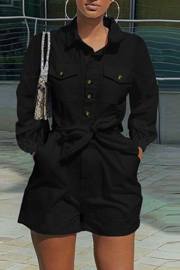 Black Fashion Casual Solid Patchwork Turndown Collar Regular Romper