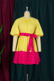 Yellow Fashion Casual Solid Patchwork O Neck Short Sleeve Dress