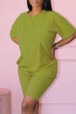 Green Fashion Casual Solid Basic O Neck Short Sleeve Two Pieces
