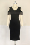 Black Fashion Casual Solid Tassel Hollowed Out V Neck Pencil Skirt Dresses