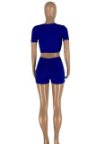 Blue Fashion Casual Solid Draw String Frenulum V Neck Short Sleeve Two Pieces