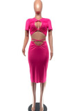Pink Sexy Print Bandage Hollowed Out Patchwork O Neck Short Sleeve Two Pieces