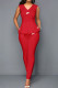 Red Fashion Street Print Patchwork V Neck Sleeveless Two Pieces