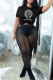 Black Sexy Print Patchwork See-through O Neck Short Sleeve Two Pieces