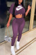 Purple Fashion Street Print Patchwork O Neck Short Sleeve Two Pieces