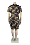 Green Fashion Casual Plus Size Camouflage Print Basic O Neck Short Sleeve Dress