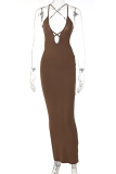 Coffee Sexy Solid Backless Spaghetti Strap Pencil Skirt Dresses