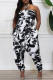 Black White Sexy Casual Print Bandage Backless Strapless Regular Jumpsuits