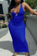 Blue Fashion Sexy Print Patchwork V Neck One Step Skirt Dresses