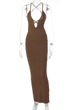 Coffee Sexy Solid Backless Spaghetti Strap Pencil Skirt Dresses