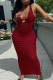 Deep Red Fashion Sexy Print Patchwork V Neck One Step Skirt Dresses
