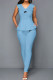 Sky Blue Fashion Street Print Patchwork V Neck Sleeveless Two Pieces
