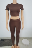 Coffee Casual Solid Split Joint Half A Turtleneck Short Sleeve Two Pieces