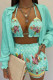 Light Blue Sexy Print Patchwork Turndown Collar Long Sleeve Three Pieces