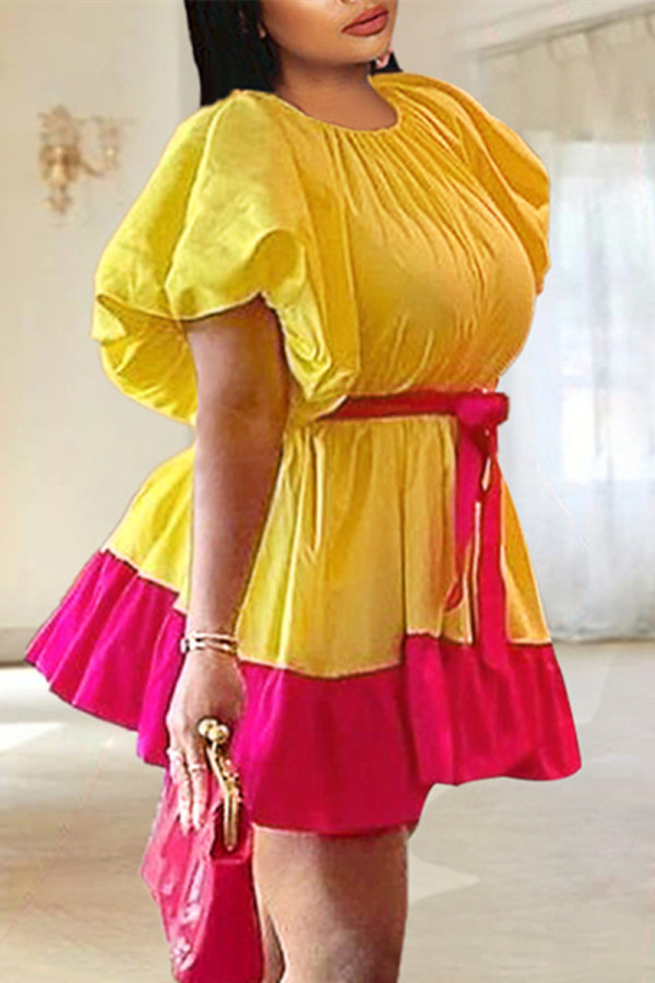 Yellow Fashion Casual Solid Patchwork O Neck Short Sleeve Dress