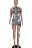 Black Casual Print Patchwork Zipper Collar Regular Rompers