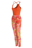Red Sexy Print Patchwork Spaghetti Strap Sleeveless Two Pieces
