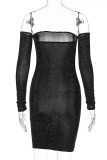 Black Sexy Patchwork Bright Silk Off the Shoulder Pencil Skirt Dresses