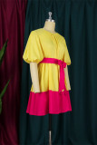 Yellow Fashion Casual Solid Patchwork O Neck Short Sleeve Dress