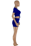 Blue Fashion Casual Solid Draw String Frenulum V Neck Short Sleeve Two Pieces