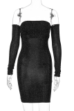 Black Sexy Patchwork Bright Silk Off the Shoulder Pencil Skirt Dresses