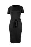 Black Fashion adult Sexy Cap Sleeve Short Sleeves O neck A-Line Knee-Length Bowknot Solid Patchw