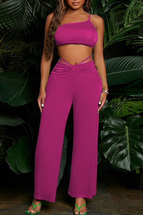 Rose Red Sexy Solid Patchwork Spaghetti Strap Two Pieces