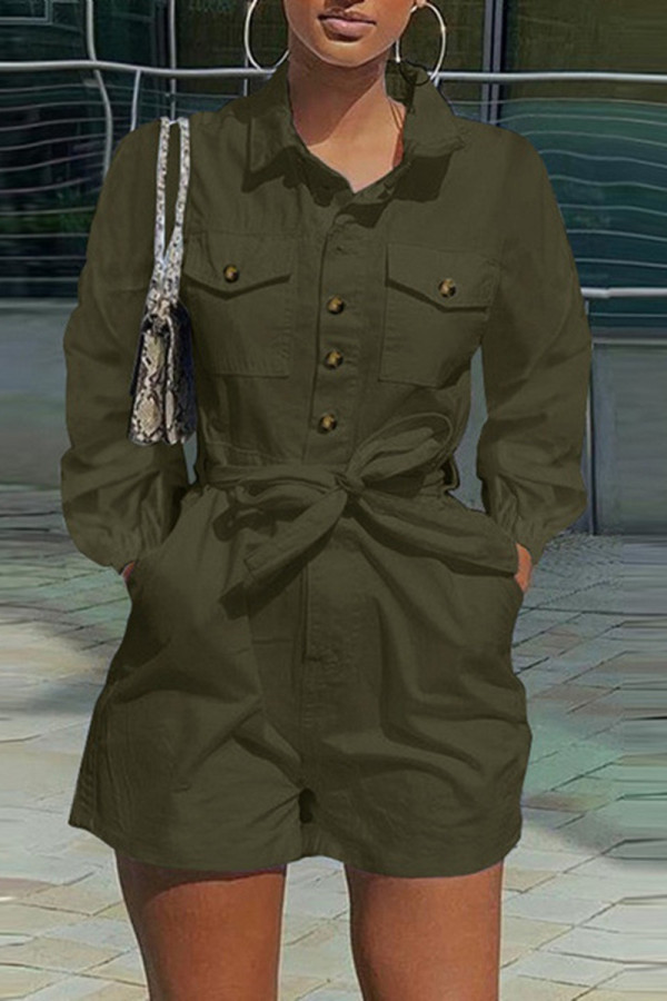 Green Fashion Casual Solid Patchwork Turndown Collar Regular Romper